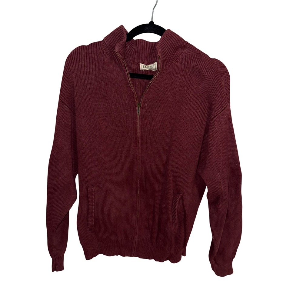 Vintage LL Bean Maroon Ribbed Full Zip Mock Neck Sweater Men's Large